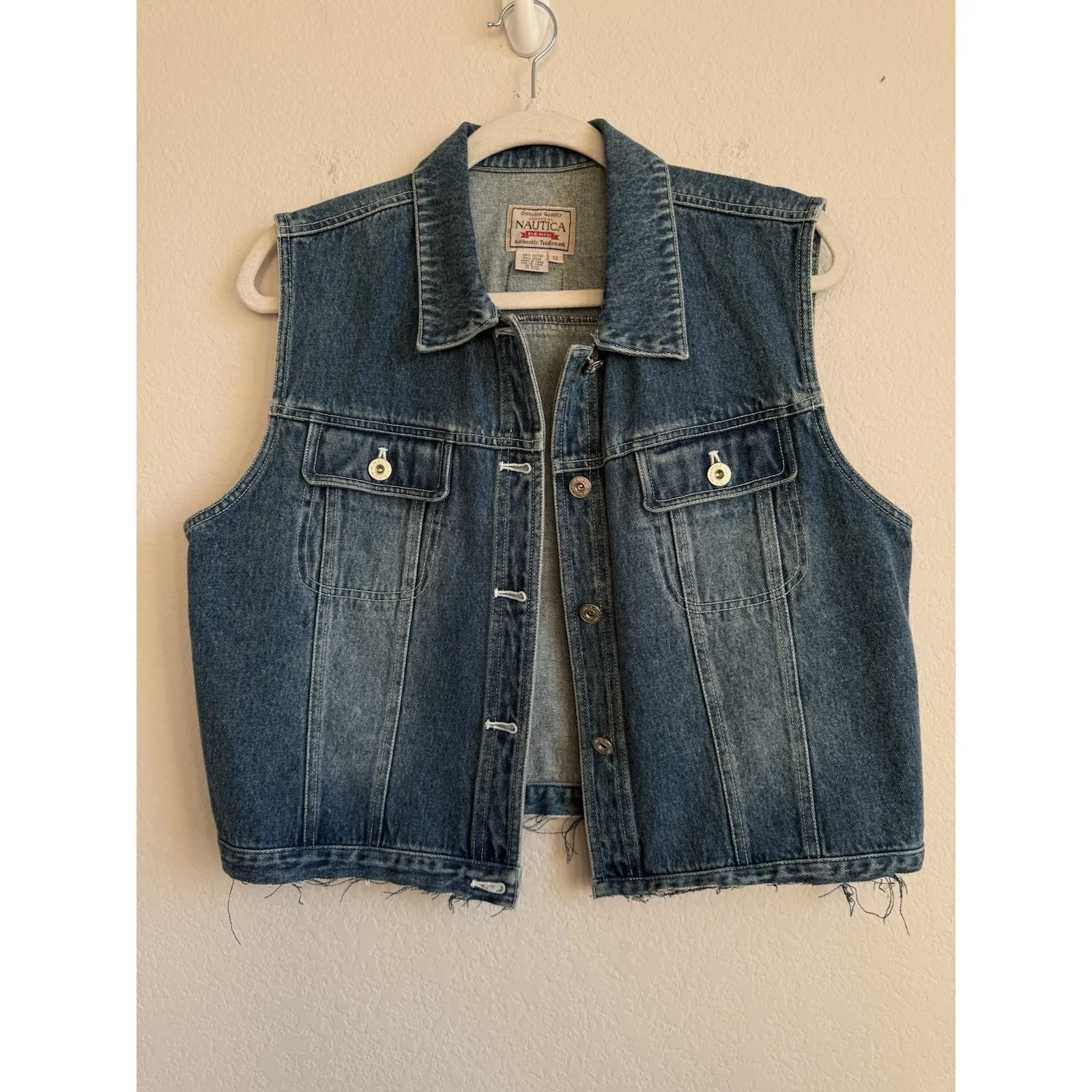 Vintage Nautica Denim Vest Raw Hem Women's Size 12 Biker Collared Pockets 90s - Image 3
