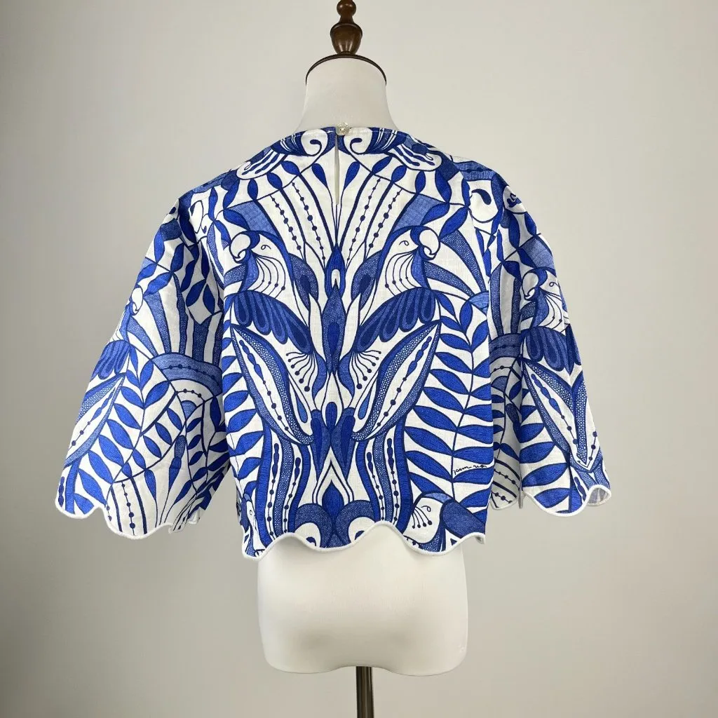 NWOT Farm Rio Linen Lace Nature Short-Sleeve Crop Wavy Blouse Size M Blue - Image 9