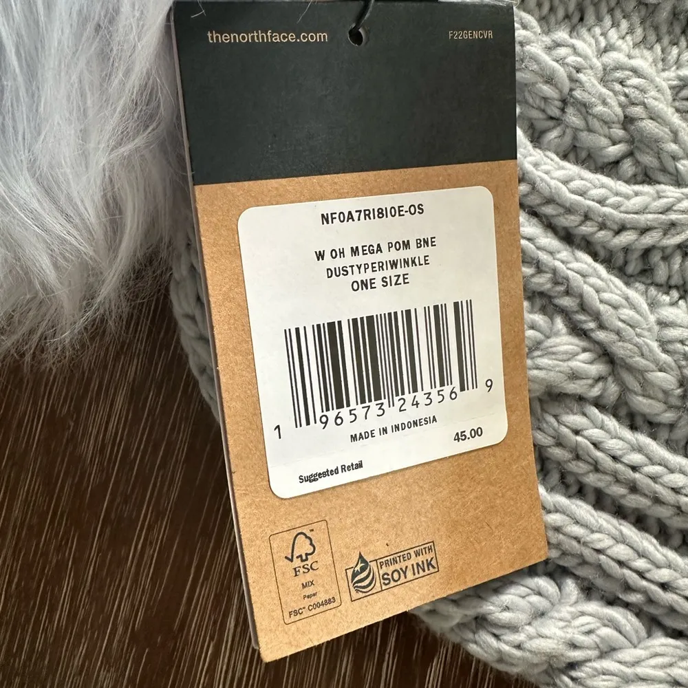 The North Face Oh Mega Faux Fur Pom Pom Beanie Hat Dusty Periwinkle Cable Knit - Image 5