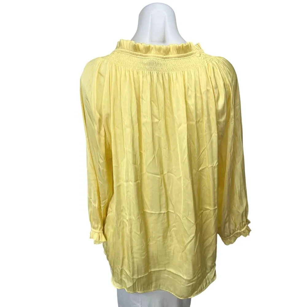 Joan Vass Yellow Ruffle Smocked Tie Neck Long Sleeve Pullover Tunic Blouse Top L - Image 2