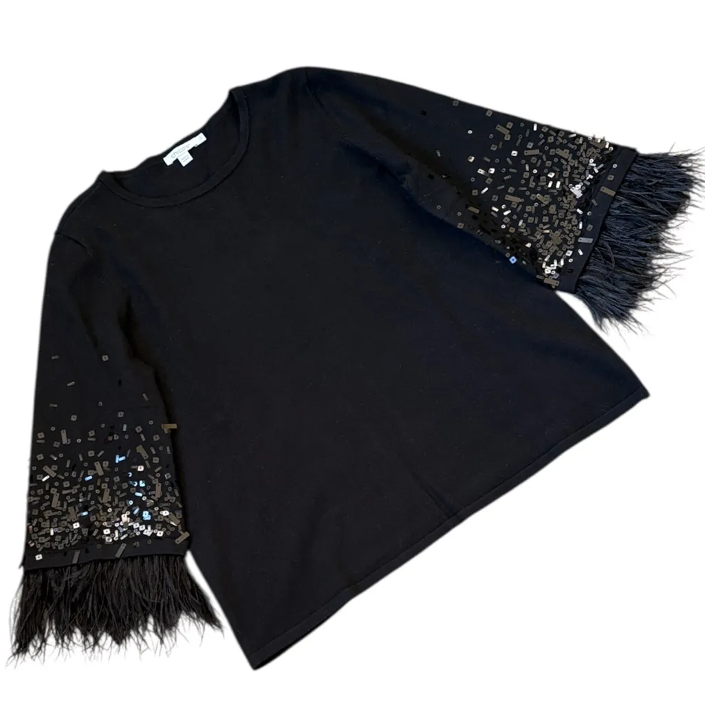 EUC Chico’s Feather Sequin Sleeve Sweater Black Size Large - Image 2