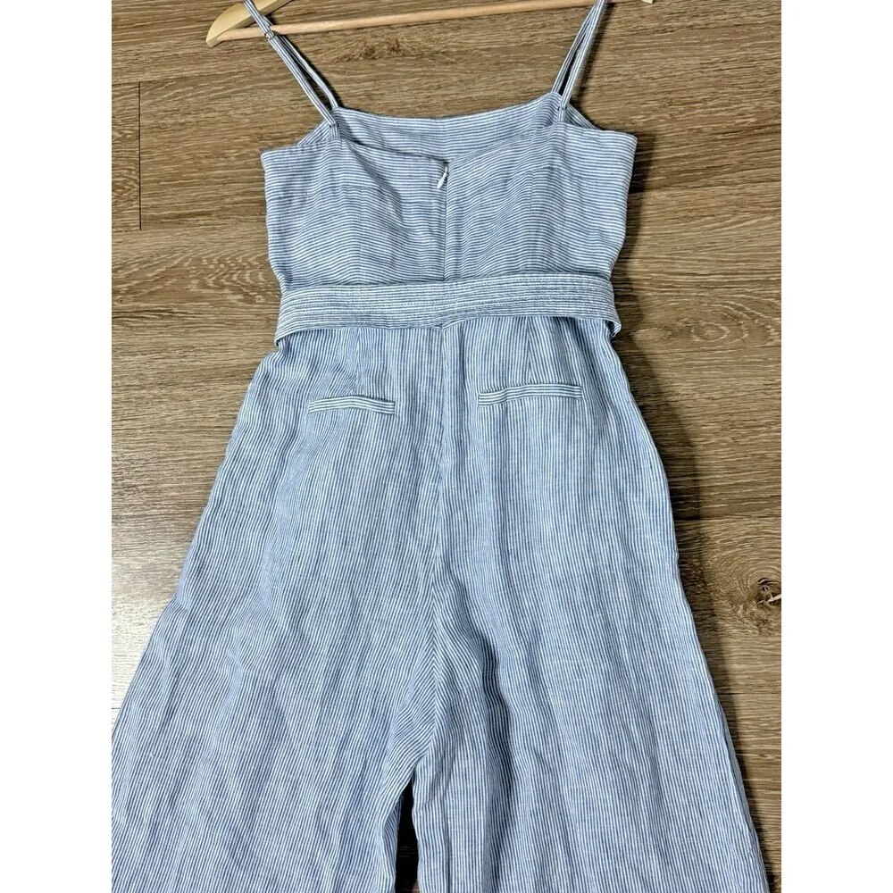 J. Crew 100% LINEN Women’s Blue White Striped Wide Leg Jumpsuit Preppy Size 0 - Image 12