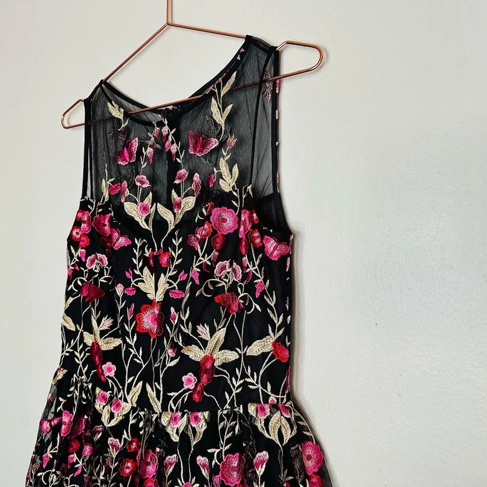 SHOSHANNA MIDNIGHT Black Pink Bayard Embellished Floral Mesh Mini Dress Size 8 - Image 6