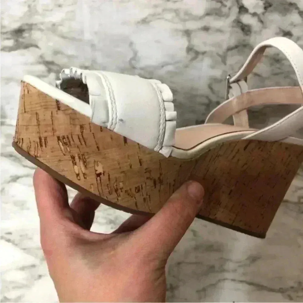 Kate Spade White‎ Ruffled Leather Tomas Cork Platform Wedge - Image 5