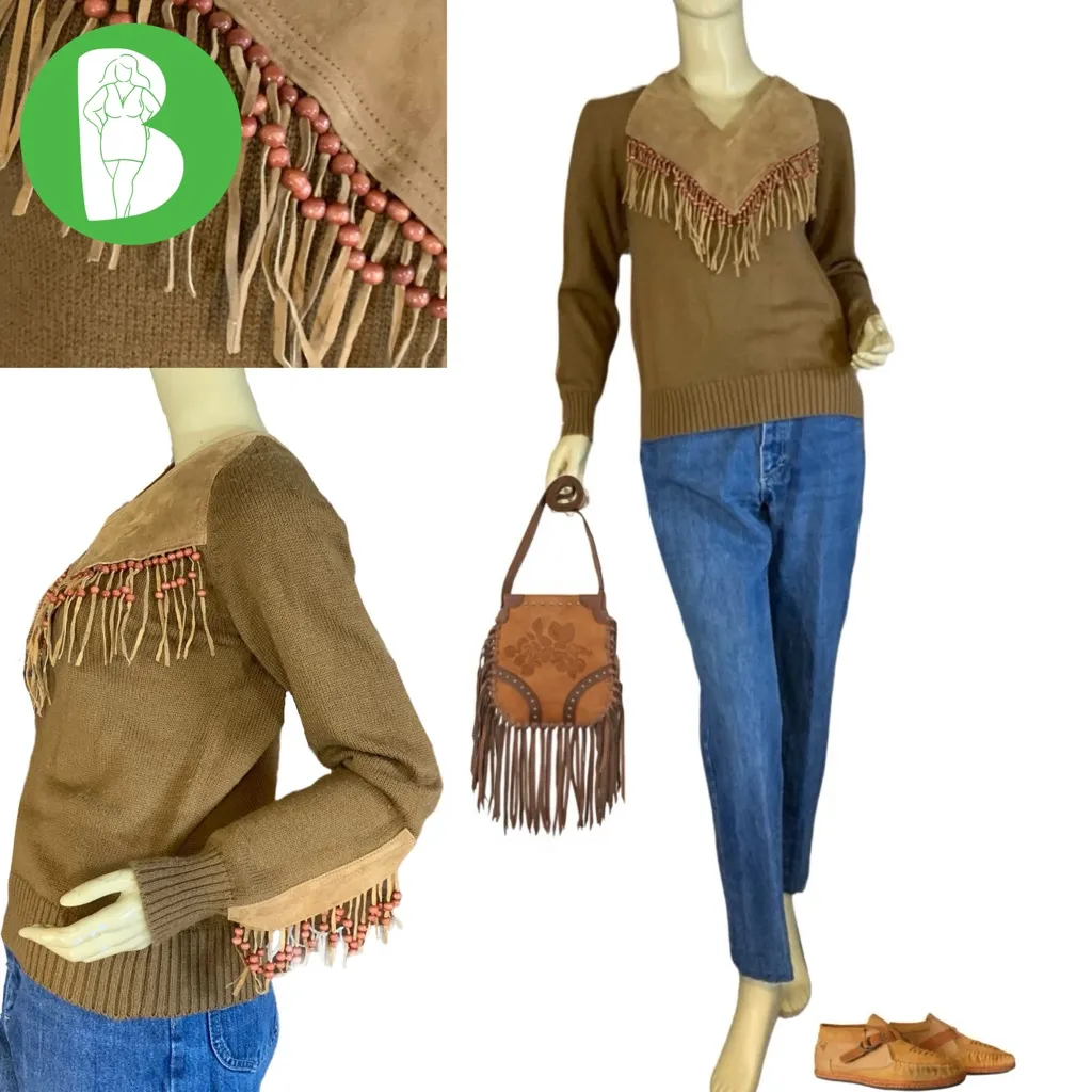 VINTAGE 1980'S MILLER MILLER MILLER BROWN KNIT SWEATER W/SUEDE & FRINGE (L) - Image 2