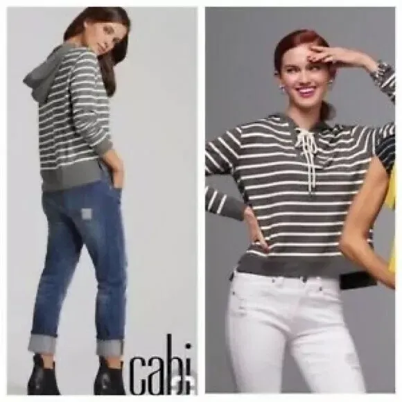 Cabi‎ Hoodie Women's L Gray White Striped Rope Lace Up V Neck Hooded Tie Preppy - Image 3