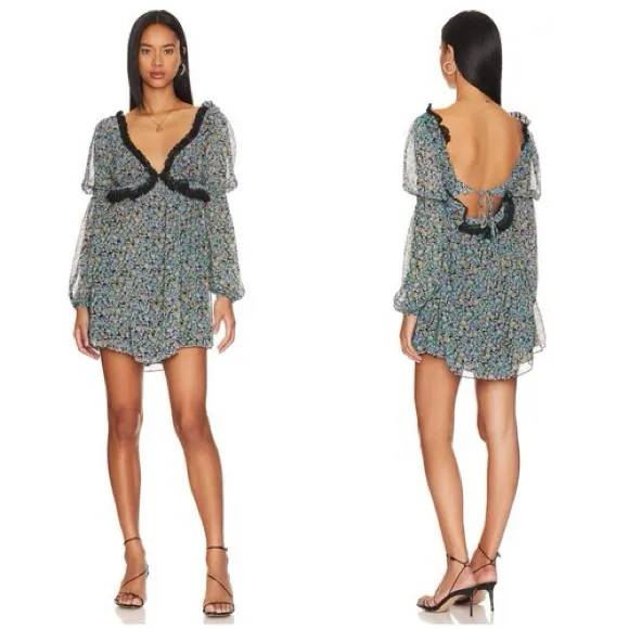 Free People Pennie Babydoll Minidress Dress Floral‎ Black Ruffle Tie Back Small - Image 3