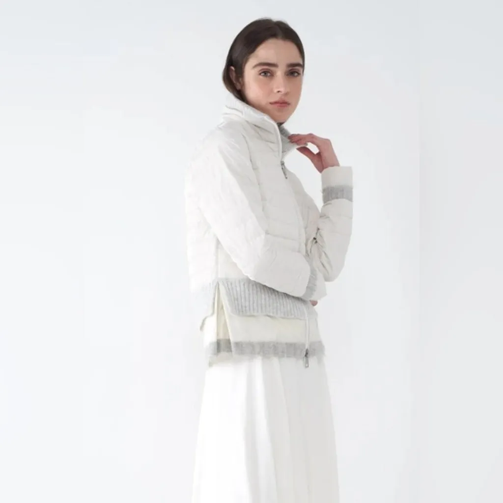 BRAND NEW Sosken Designer White Down Puffer Longline Fur Trim Jacket Coat XL XXL Silver - Image 2