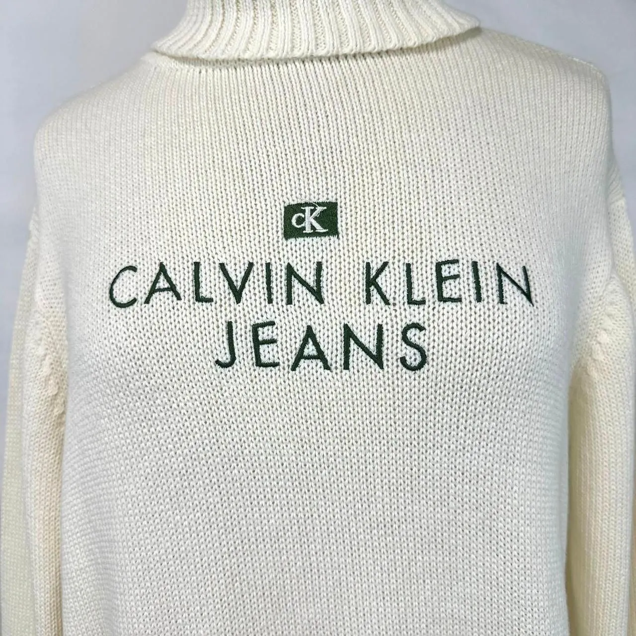 CALVIN‎ KLEIN Vintage 90s NWT Cream Turtleneck Embroidered Knit Sweater Womens L - Image 2