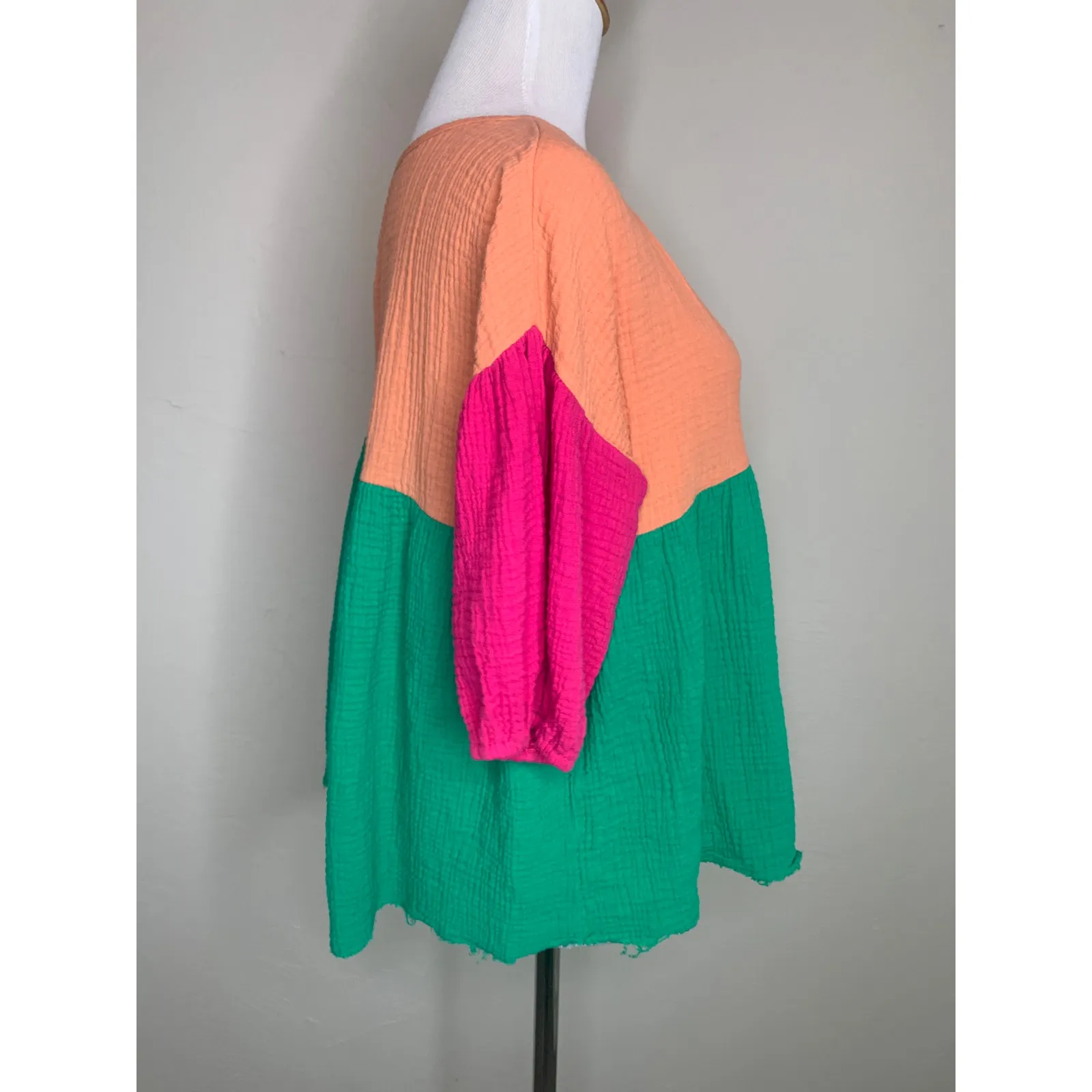 Crinkle Double Gauze Muslin Bright Color Block Babydoll Top Sz Large Green - Image 4