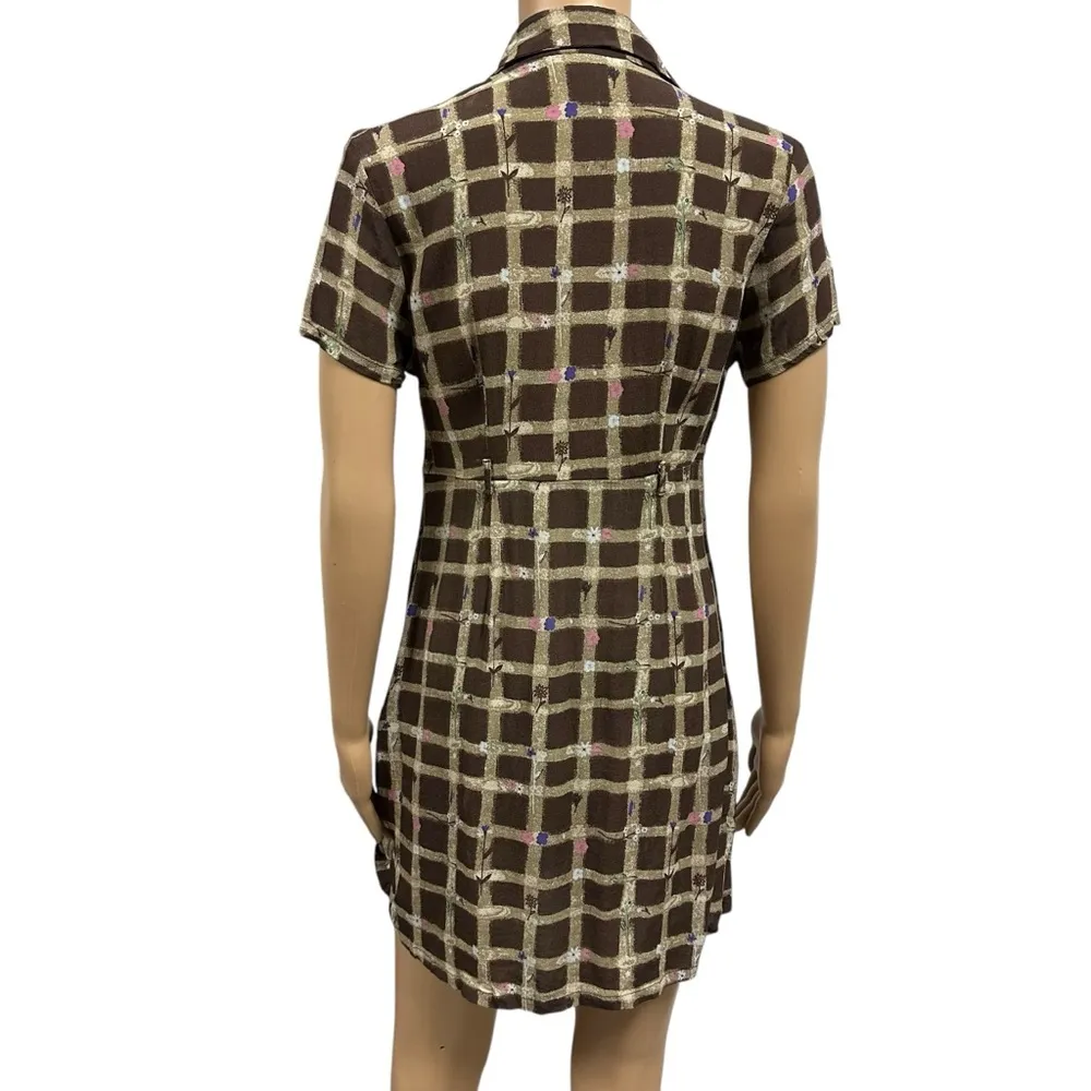 Esprit Vintage Brown Check Floral Short Sleeve Rayon Zip Side Shirt Mini Dress S - Image 3