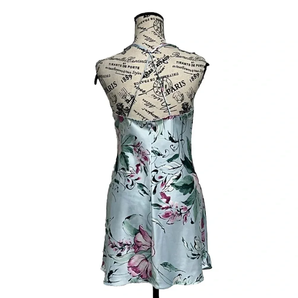 Lilac+London Print Satin Chemise Slip Dress Mini Fairy Floral Party XS WOMENS Blue - Image 6