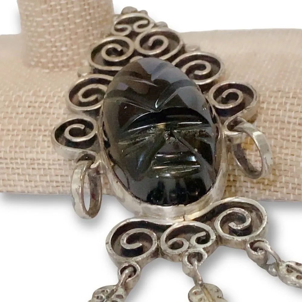 Vintage 925 Sterling Silver Carved Obsidian Pin Brooch Warrior Mask Black Mexico - Image 5