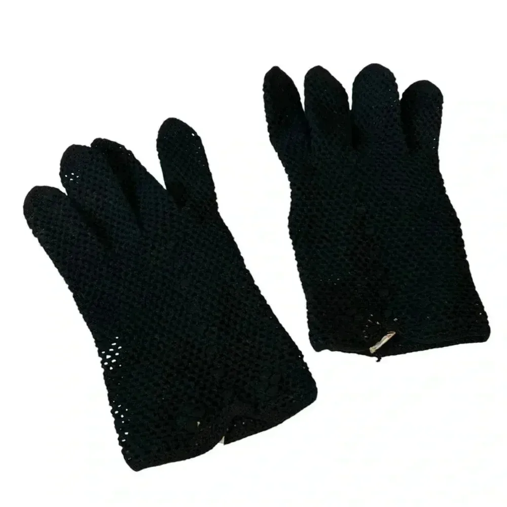 VINTAGE GLOVES ITALIAN MADE FOR CALVONE CROCHETED FISHNET STRETCH l ELEGANT Black - Image 7