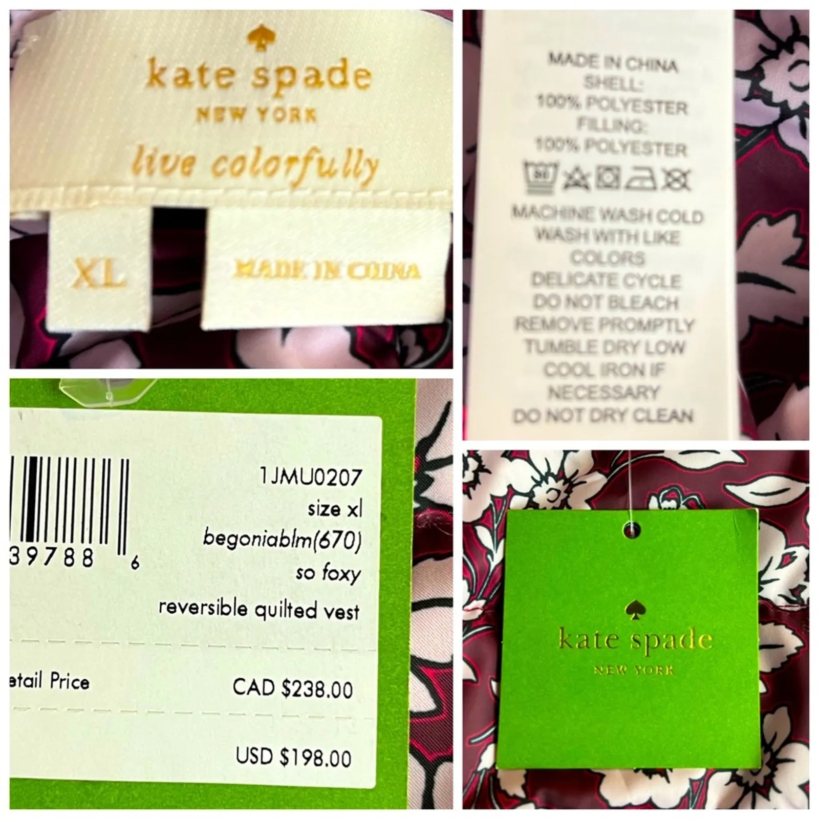 Kate Spade So Foxy Reversible Quilted Snap Front Vest Floral NWT Women's Size XL - Image 12