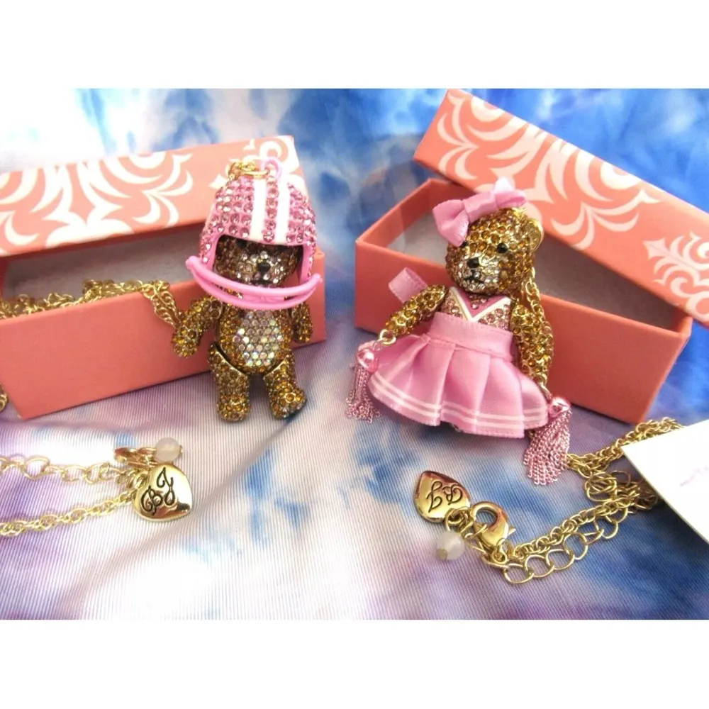 Betsey Johnson Cheerleader Necklace Gold Tone Pink Bear Crystal Pom Poms Movable - Image 9