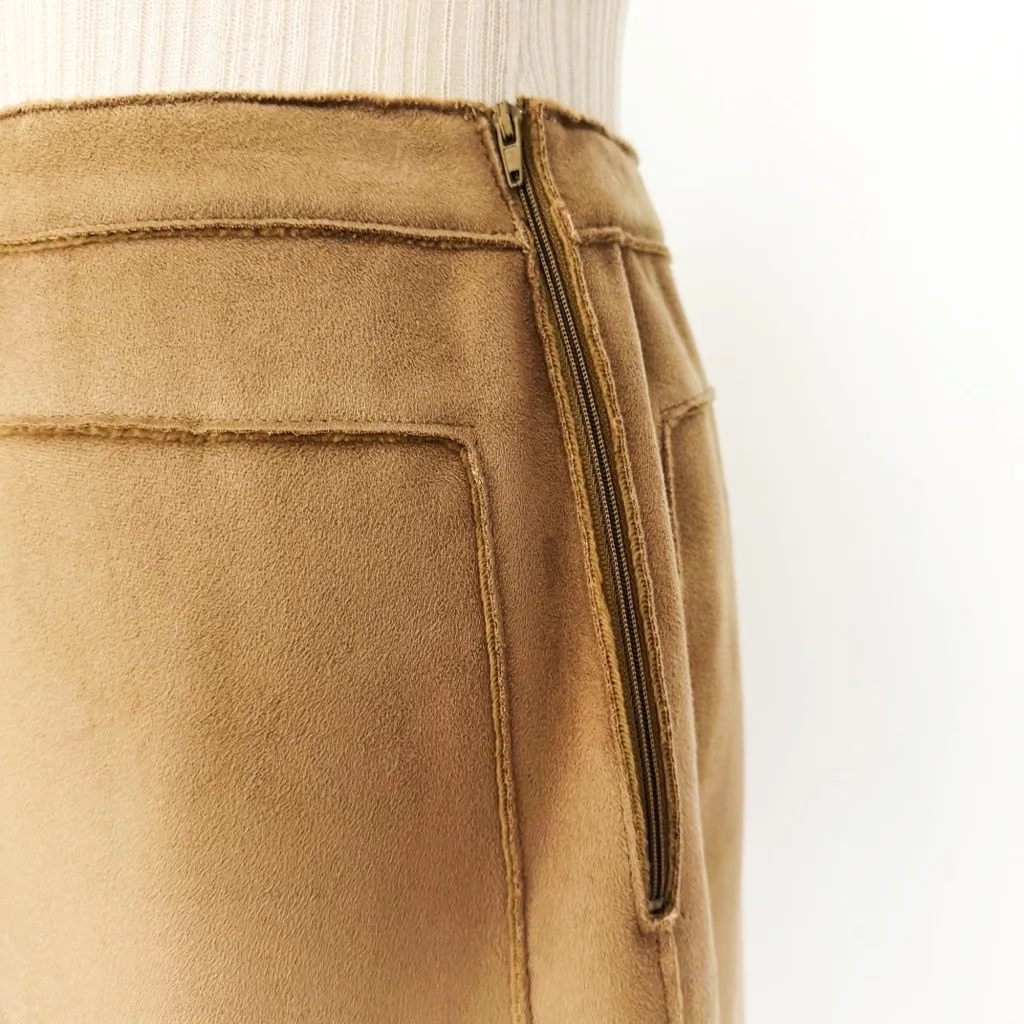 Vintage Y2K Faux Suede Coord Set with Faux Fur Lining in Camel | Size 4 Tan - Image 11