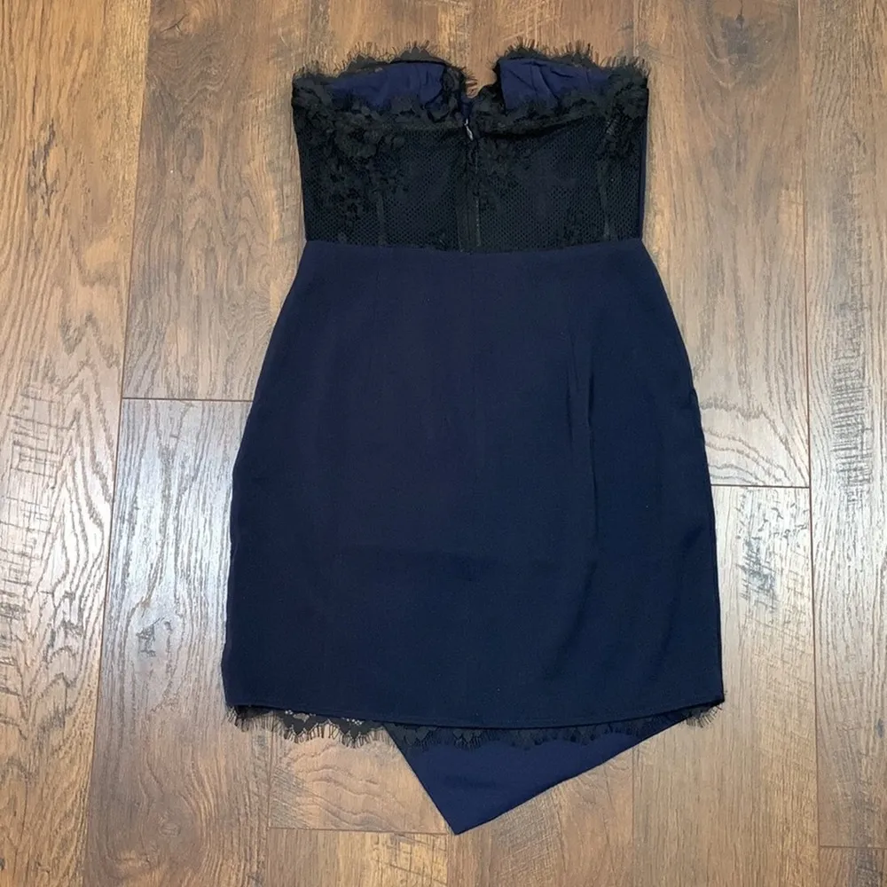NBD Make Me Wanna Eyelash Lace Peekaboo Navy/Black Strapless Mini Dress - Image 8