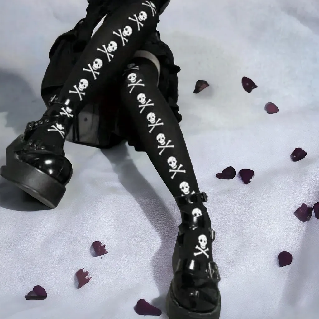 Skull Print Thigh High Socks, Cosplay Over‎ The Knee Socks
One Size Black - Image 2