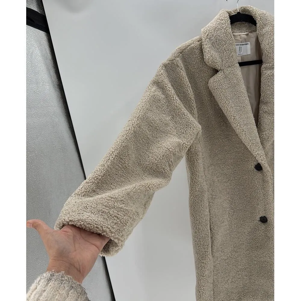 Amazon Essentials beige teddy bear faux Sherpa 2 button coat pockets neutral Size XS - Image 5