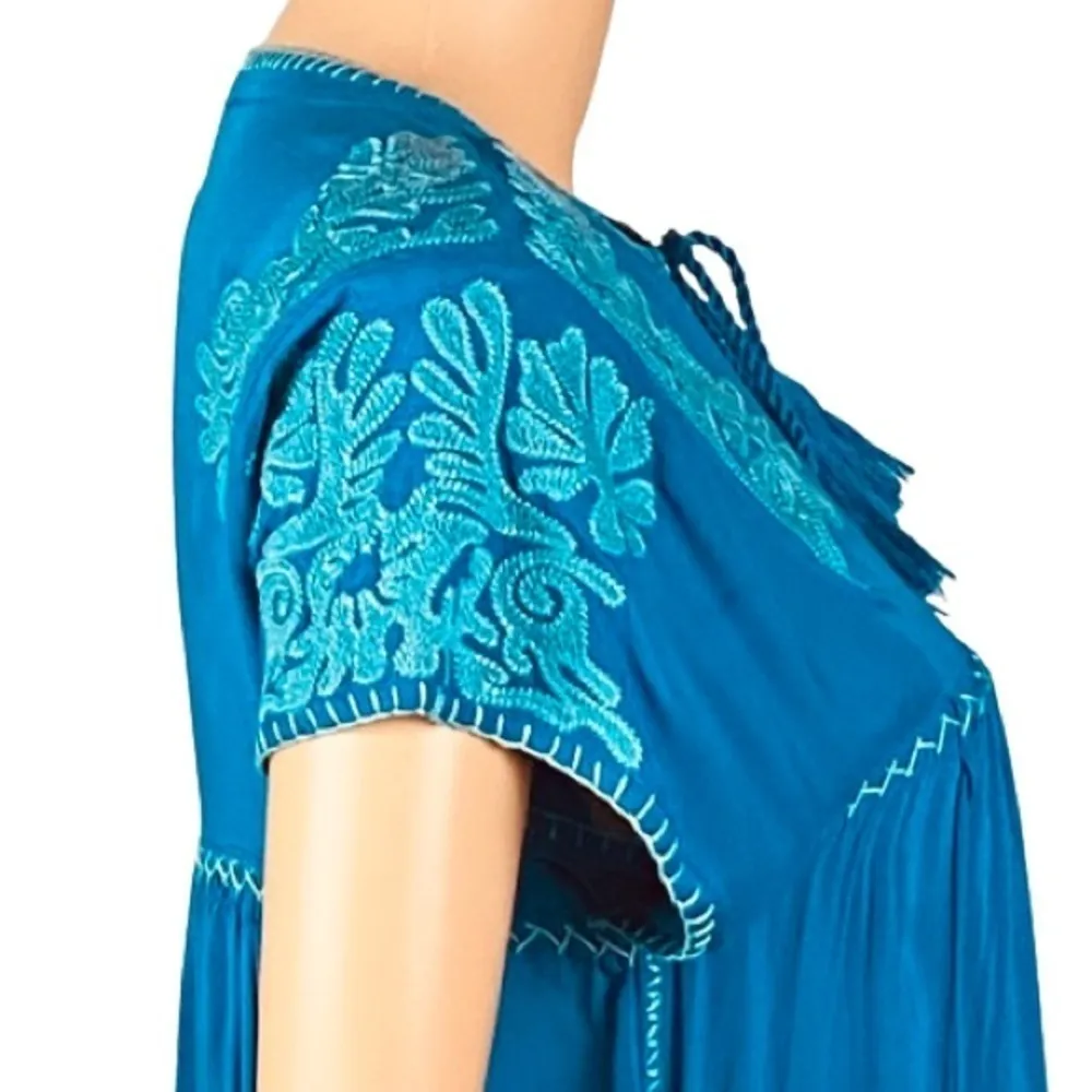 SUNDANCE “Bright Pathway” teal, embroidered, shift dress w/POCKETS. Size XS. EUC - Image 6