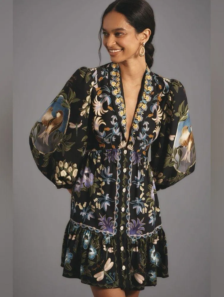 FARM RIO Black Winter Garden Mini Dress S - Image 2