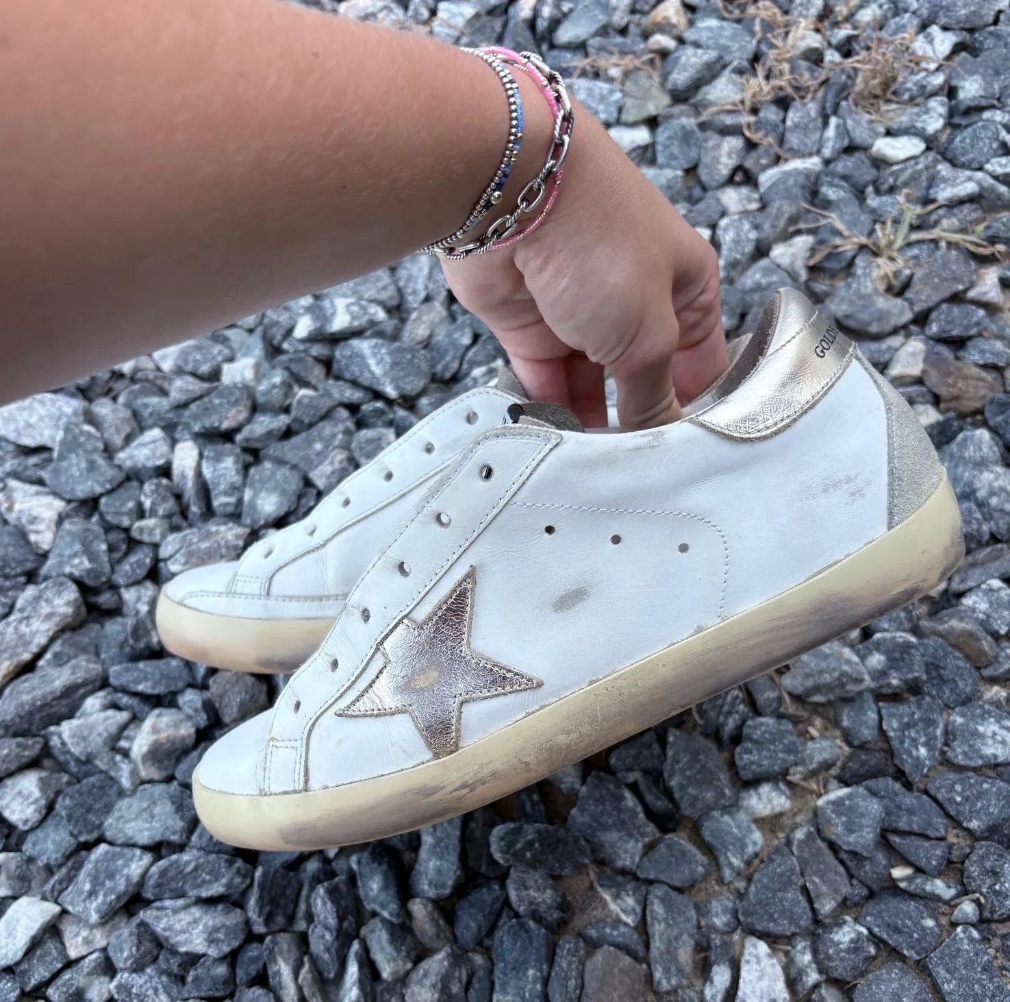 Sneakers White Leather Charm Laces Metallic Star Superstar Size 39 - Image 3