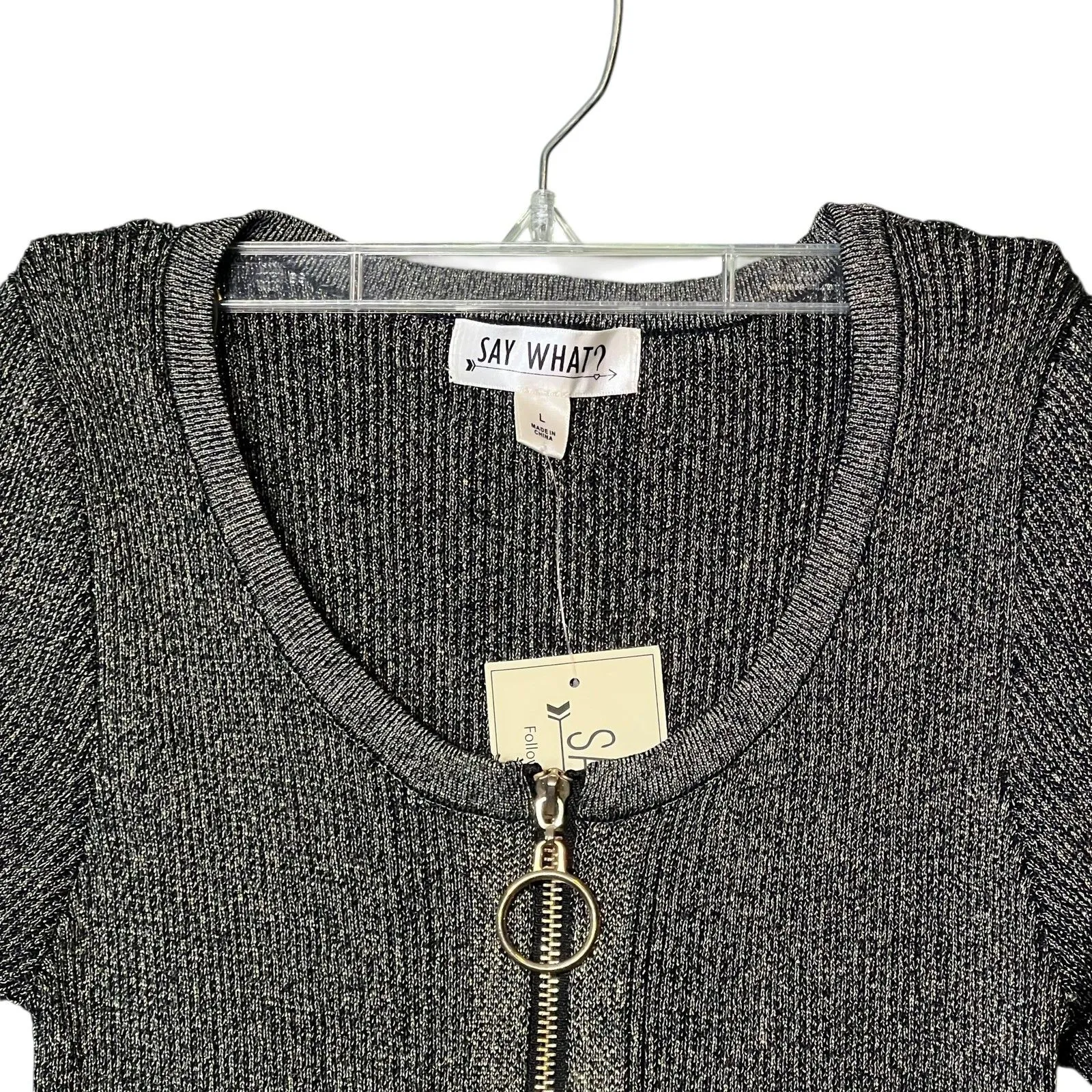 Say What Dress Womens Large Black Silver Zip Front Metallic Bodycon Party Knit - Image 10