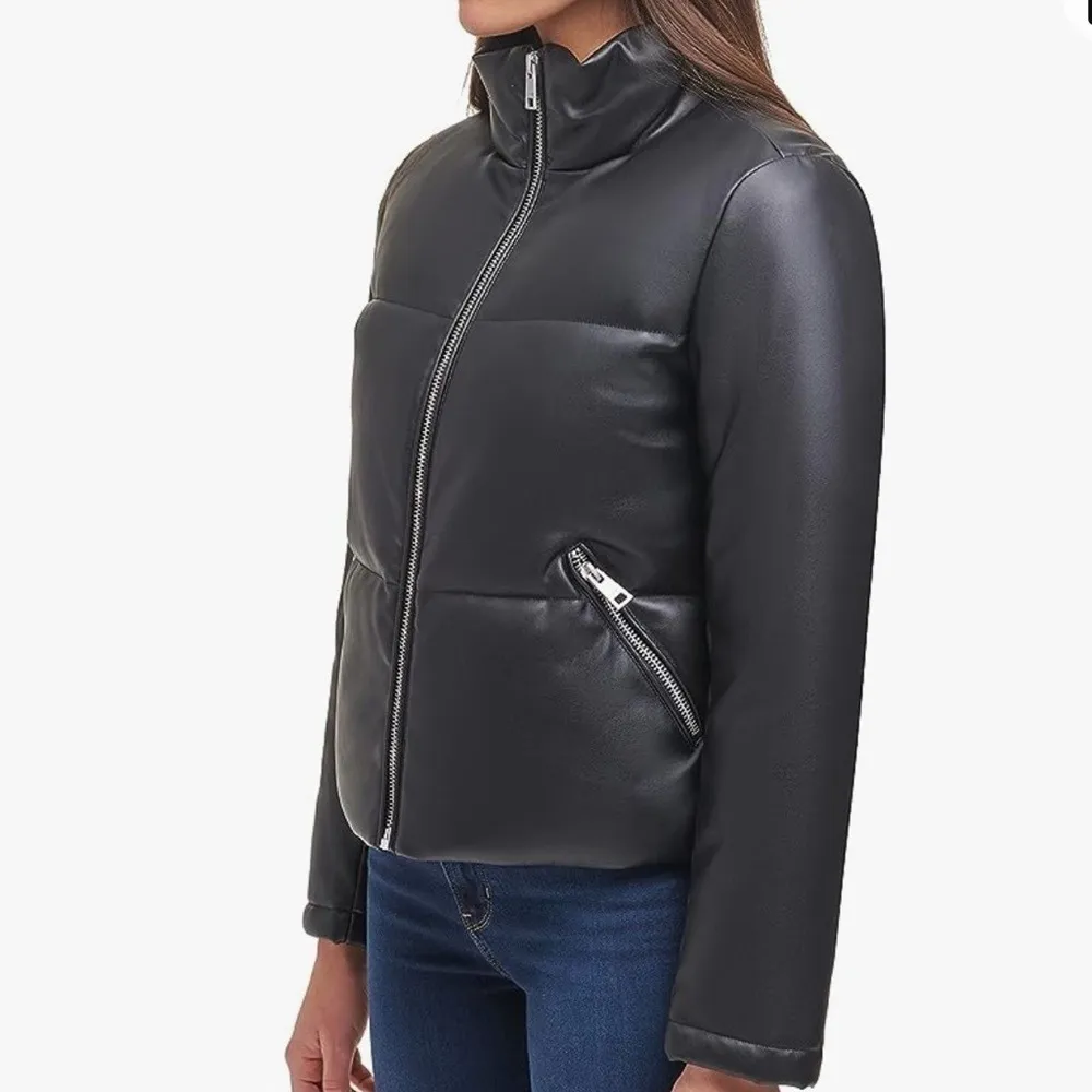 Levi's Black Faux Leather Puffer Jacket Stand Collar Zip Pockets Womens Small - Image 5