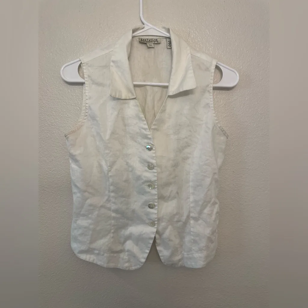 Vintage Ann Taylor Women's White Linen Sleeveless‎ Shell Button Down Vest Size 8 - Image 9