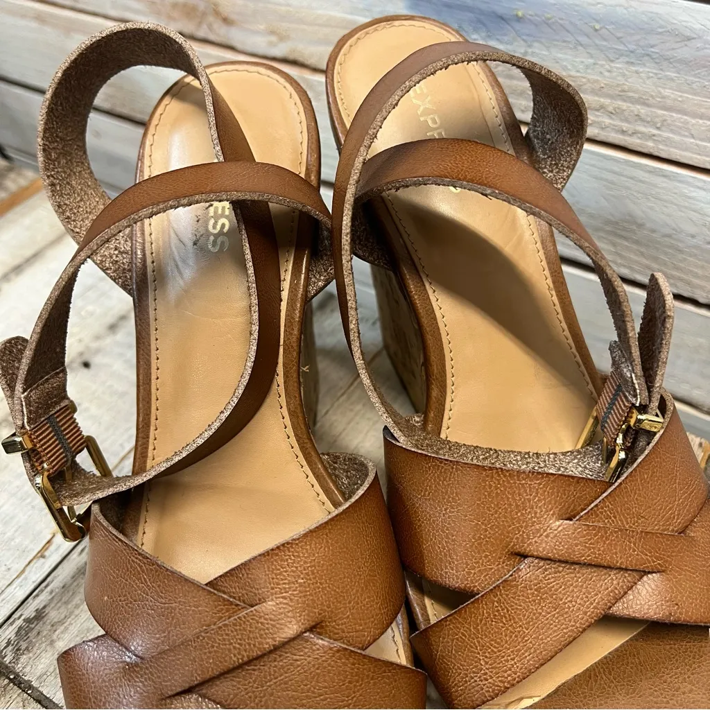 Express Brown Cork Wedge Sandals Strappy Platform Slingback Summer Shoes Size 8 - Image 7