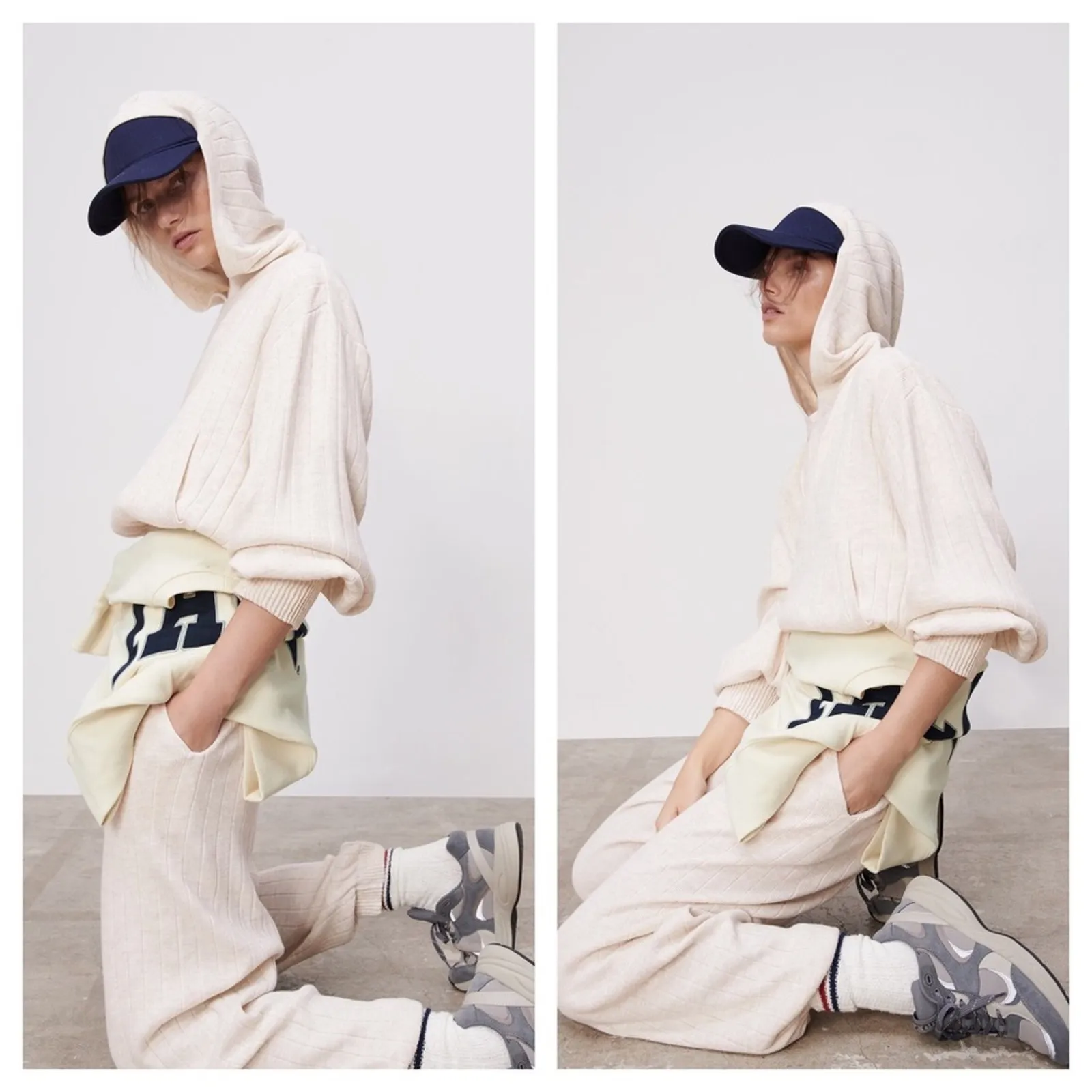 Zara Cream Cropped Knit Ribbed Oversized Comfy Hoodie Sweatshirt Medium Chic - Image 10