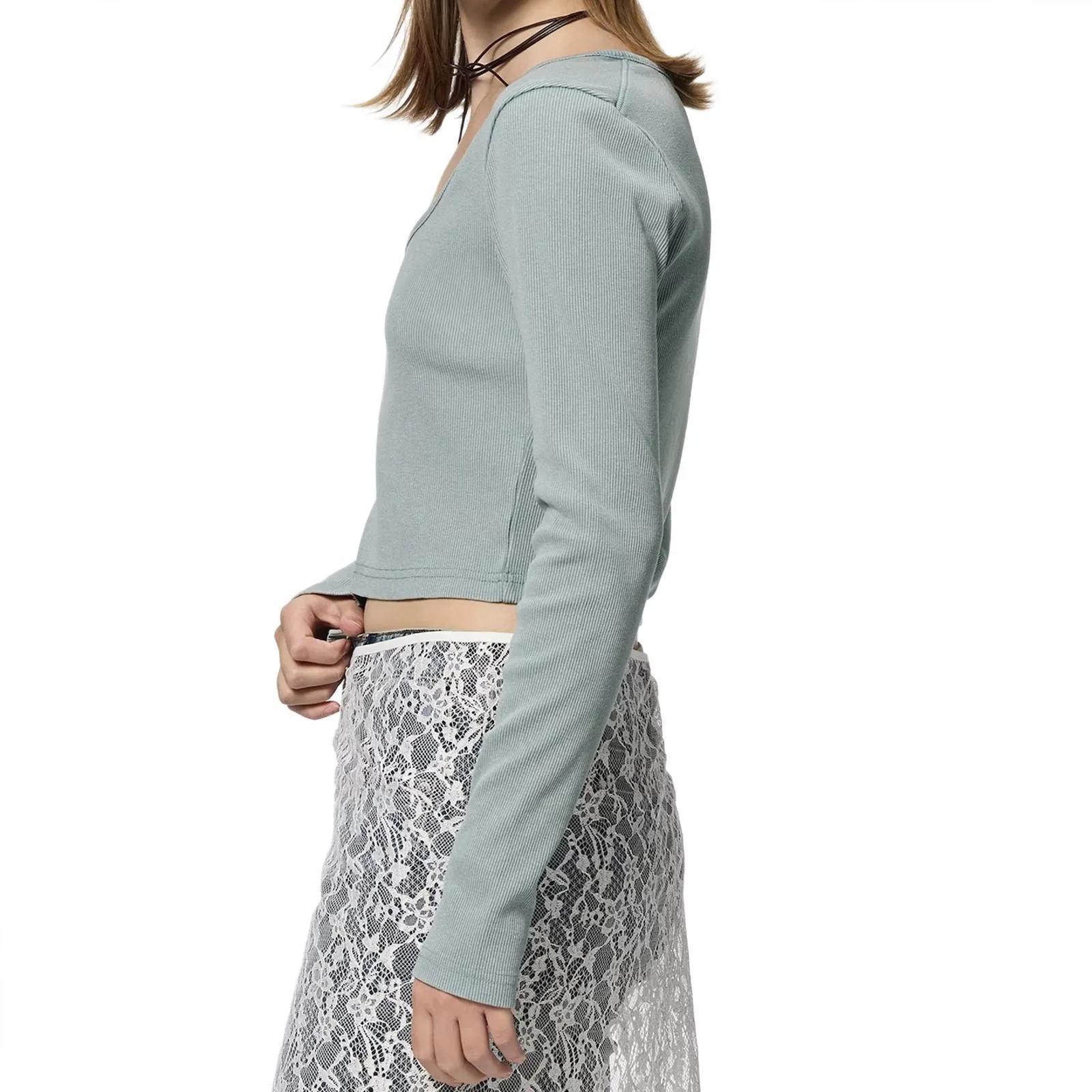 Uniqlo GU Washed Ribbed Cropped T-Shirt | Long Green NWT Medium - Image 6