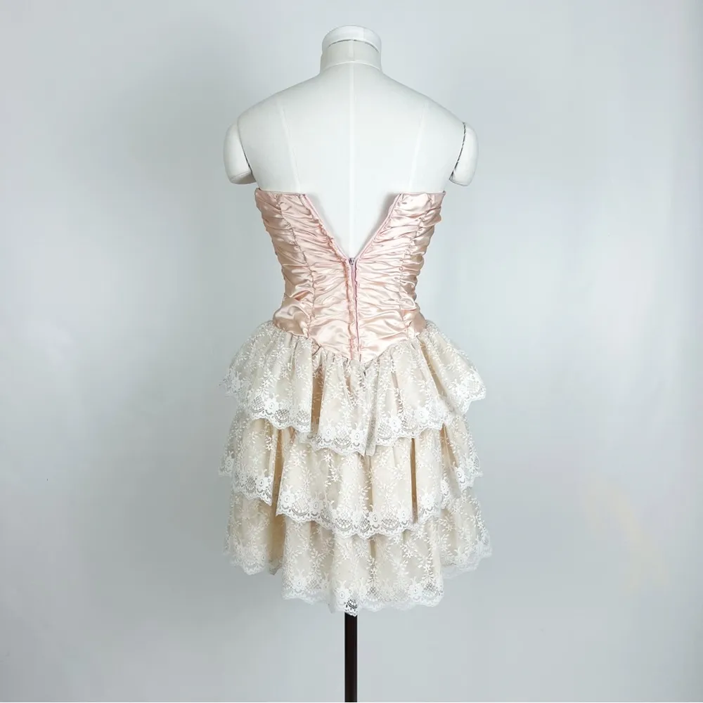 Vintage 90’s Strapless Satin Corset Mini Dress with Lace Ruffle Skirt | Size XS Pink - Image 6