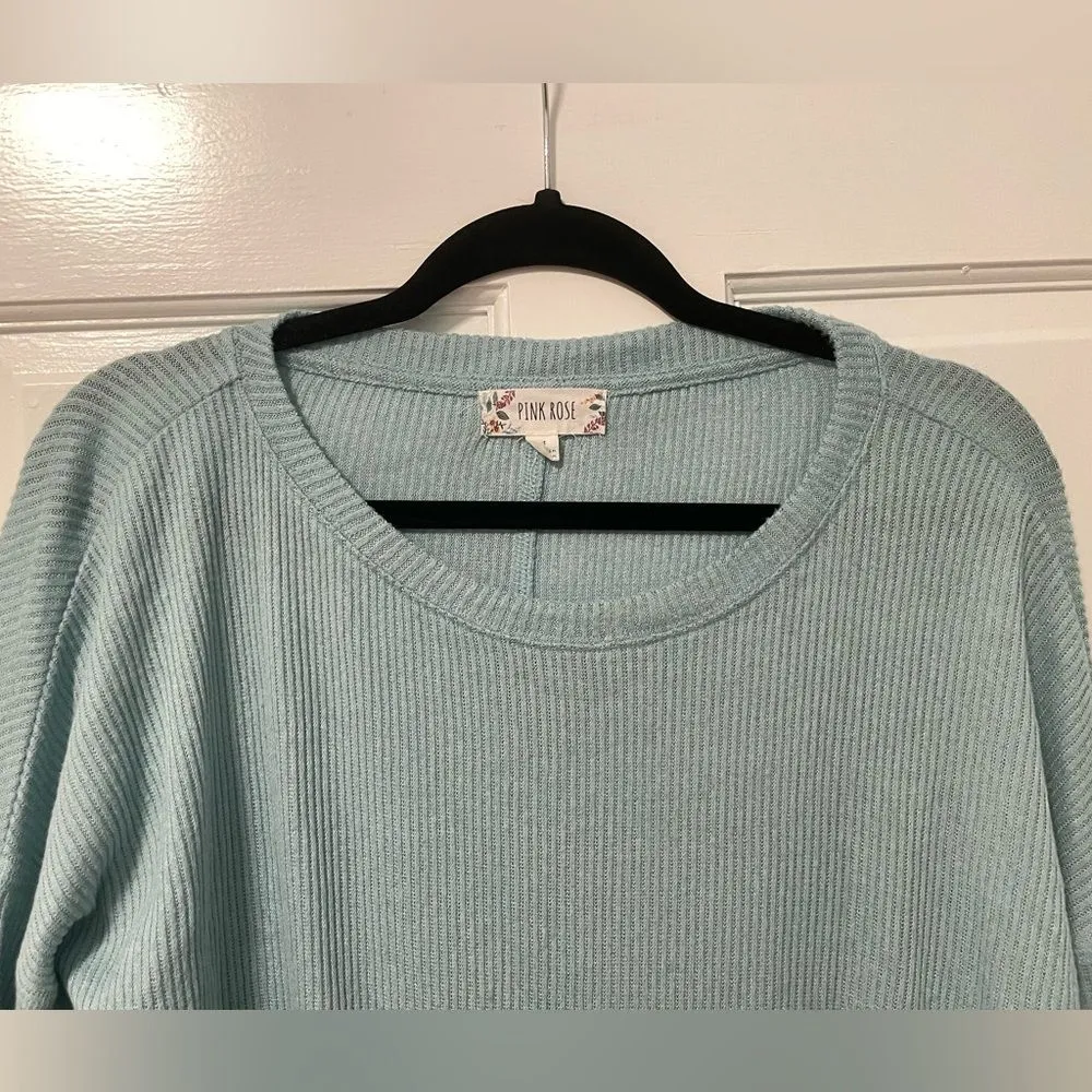 Pink Rose Drawstring-Hem Knit Top Sweater‎ Light Teal Blue Size Medium - Image 2