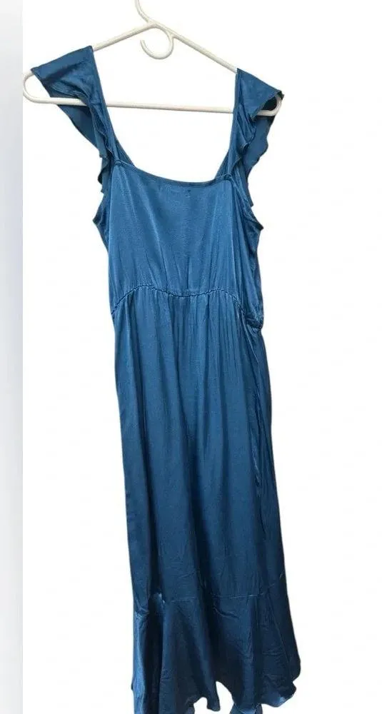 Socialite Blue Satin Ruffle Faux Wrap Dress - Image 2