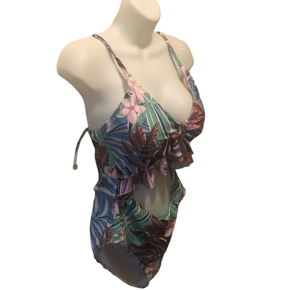 Floral Cut Out One Piece Swimsuit XL Ruffled Lace Up Back Coconuts - Image 4