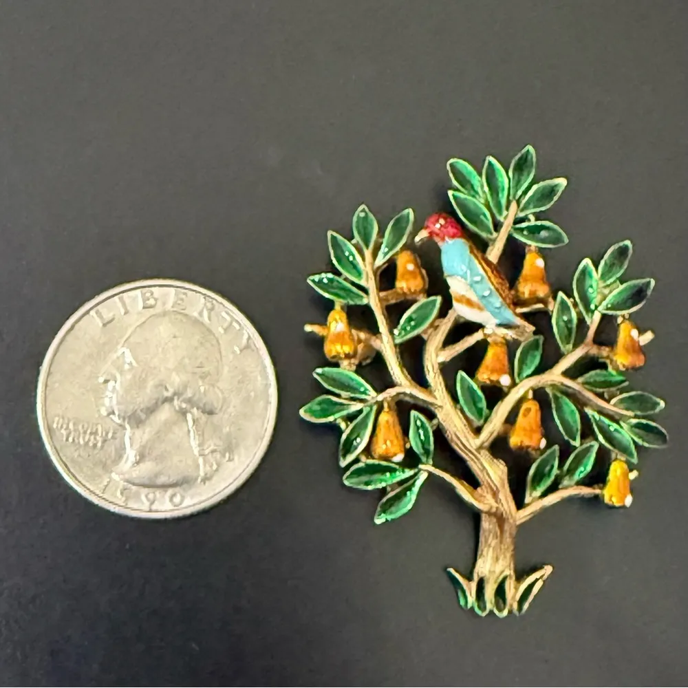Vintage TRIFARI A Phillippe Tree Of Life Partridge Bird in Pear Tree Enamel Pin - Image 3
