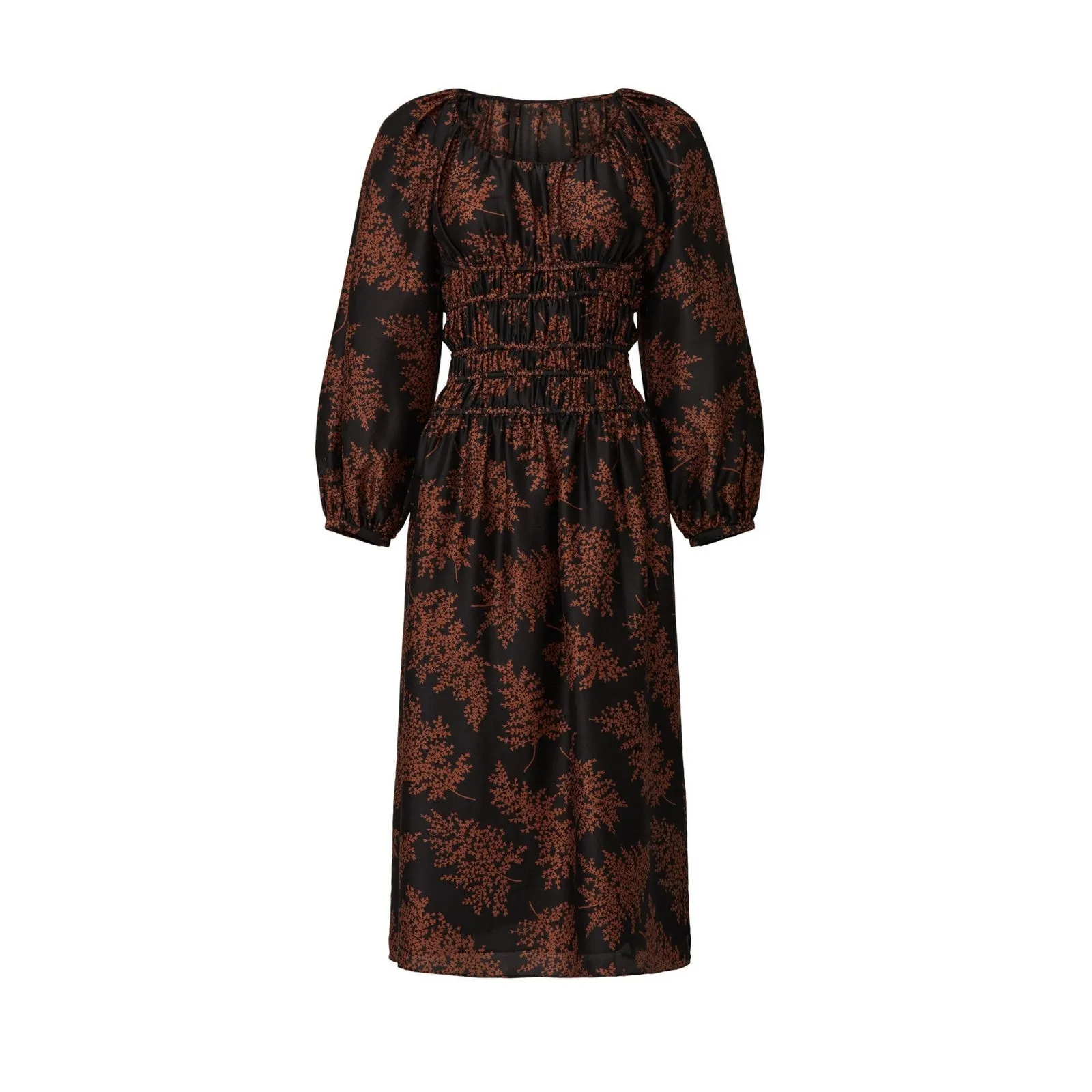 Rebecca Taylor Arden Black Floral Blouson Sleeve Scoop Ruched Silk Midi Dress XS - Image 5