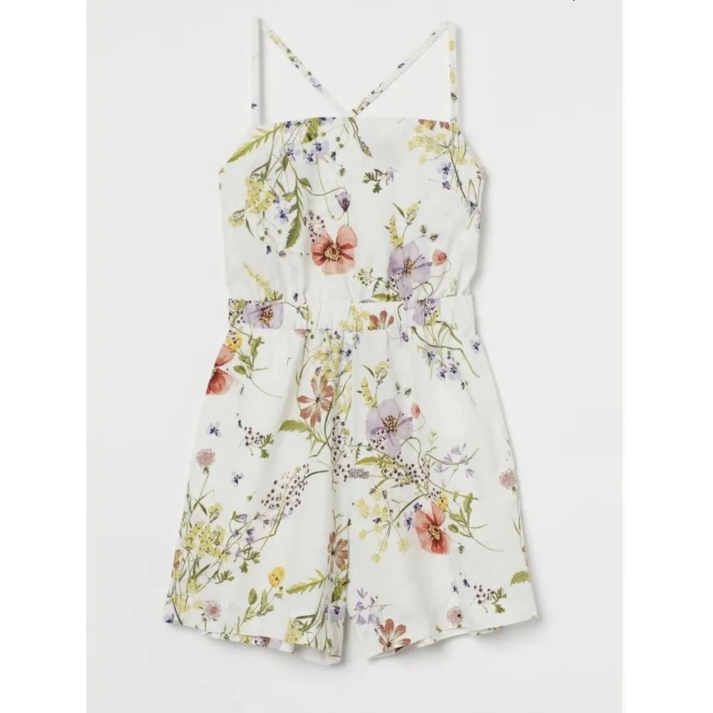 [H&M] Cream Linen Blend Cottagecore Wildflower Floral Print Strappy Romper Sz XL - Image 3