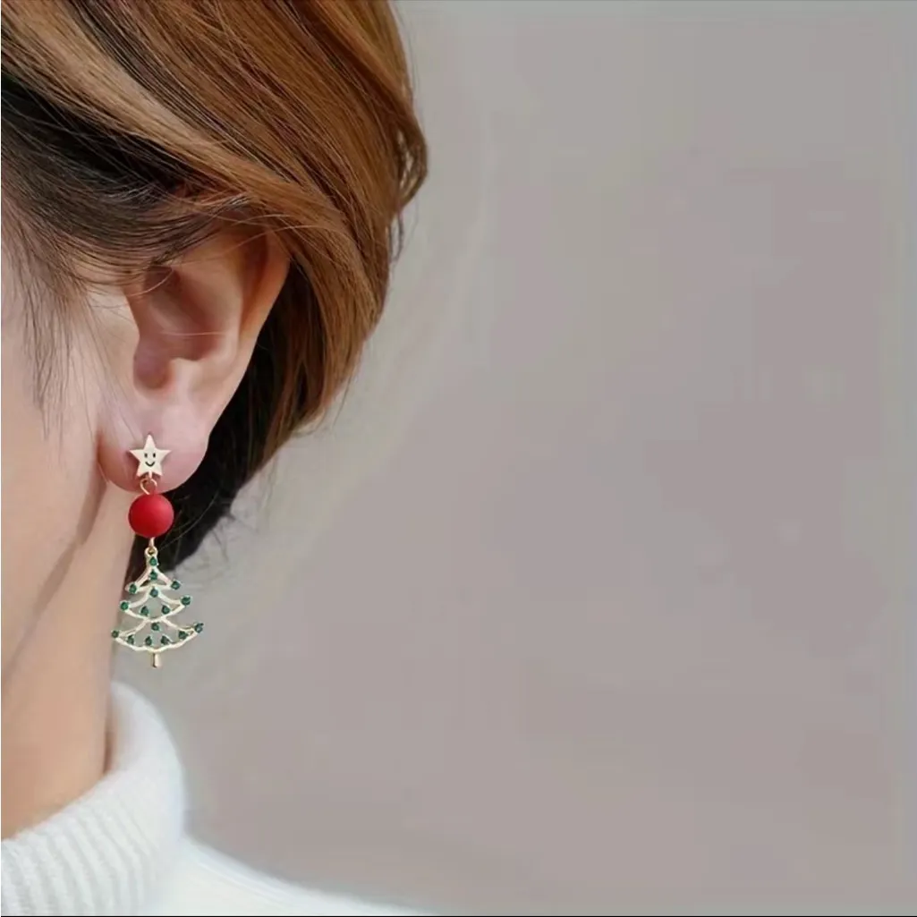 Golden Christmas Tree Pentagram Design Green Shiny‎ Rhinestone Inlaid Earrings Gold - Image 5