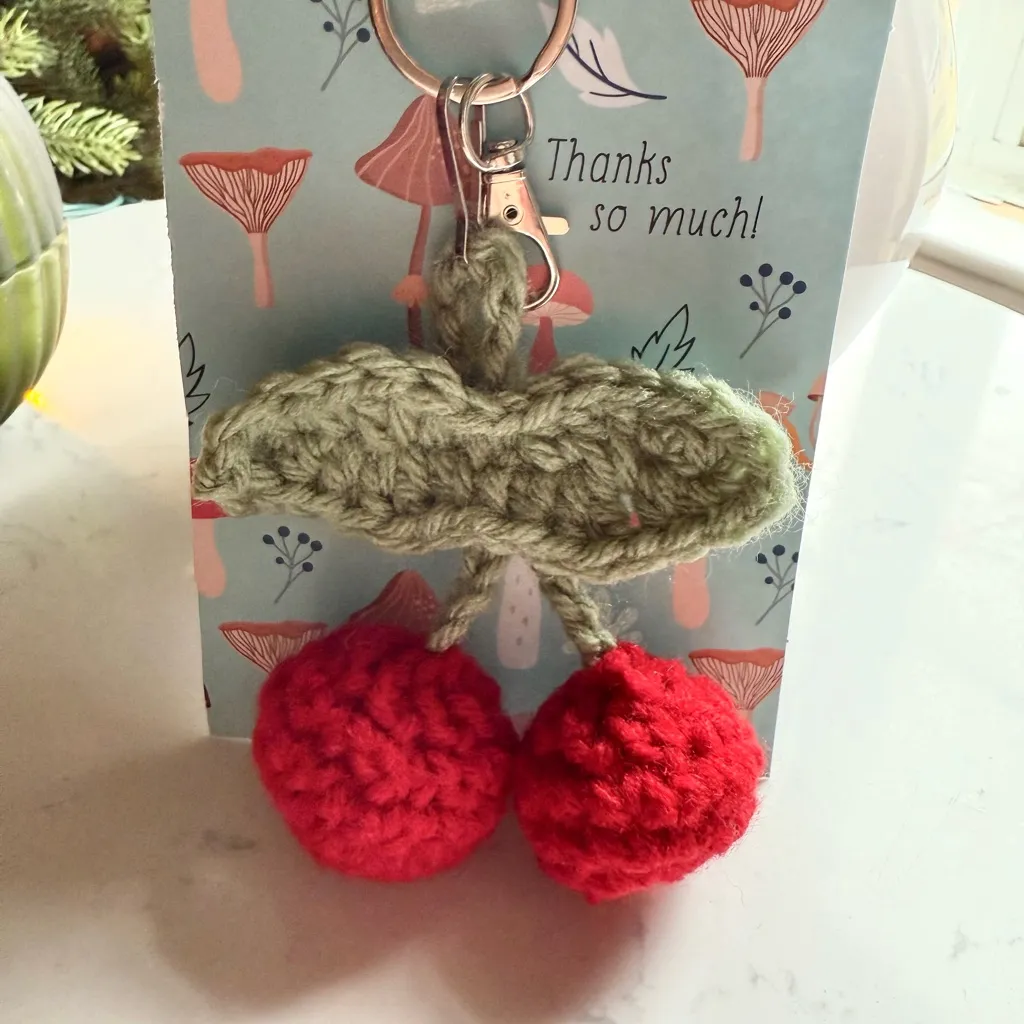 Handmade Crochet Cherry Keychain | Cute Fruit Bag Charm | NWT - Image 5