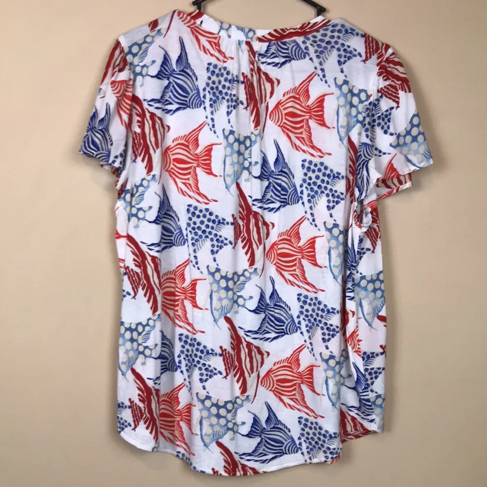 LOFT Women's Angel Fish Nautical Split Neck Ruched Flutter Sleeve Blouse - Image 5