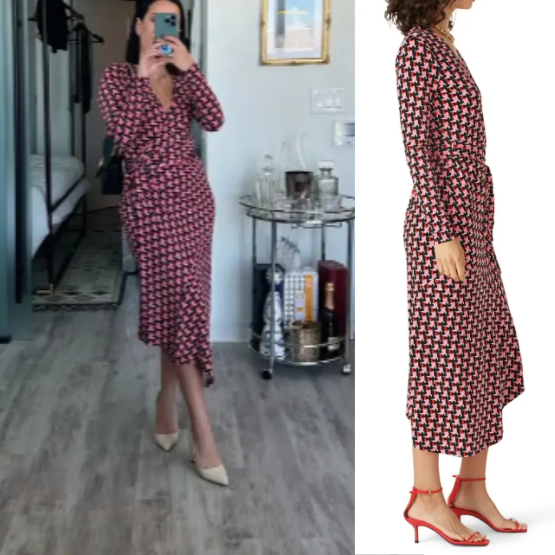 Yumi Kim Sabine Jersey Asymmetrical Wrap Dress Red Pink Black Geometric Print XS - Image 14