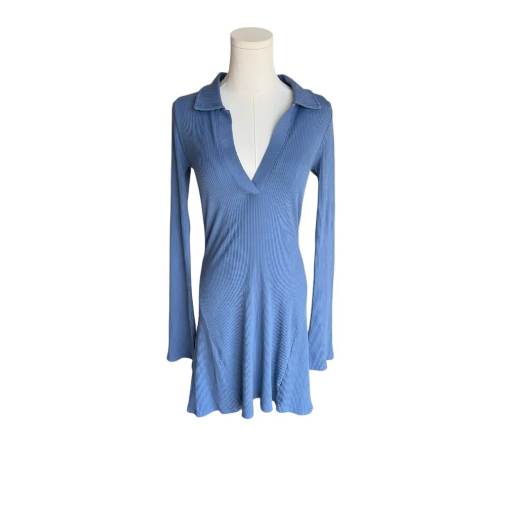 American Eagle - NWT Ribbed Collared Long Sleeve Mini Dress Blue Sz S - Image 2