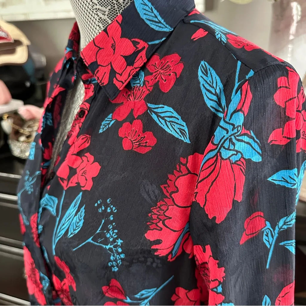 Zara Z1975 Semi-Sheer Maximalist Black Red Blue Bold Floral Blouse Size M - Image 7