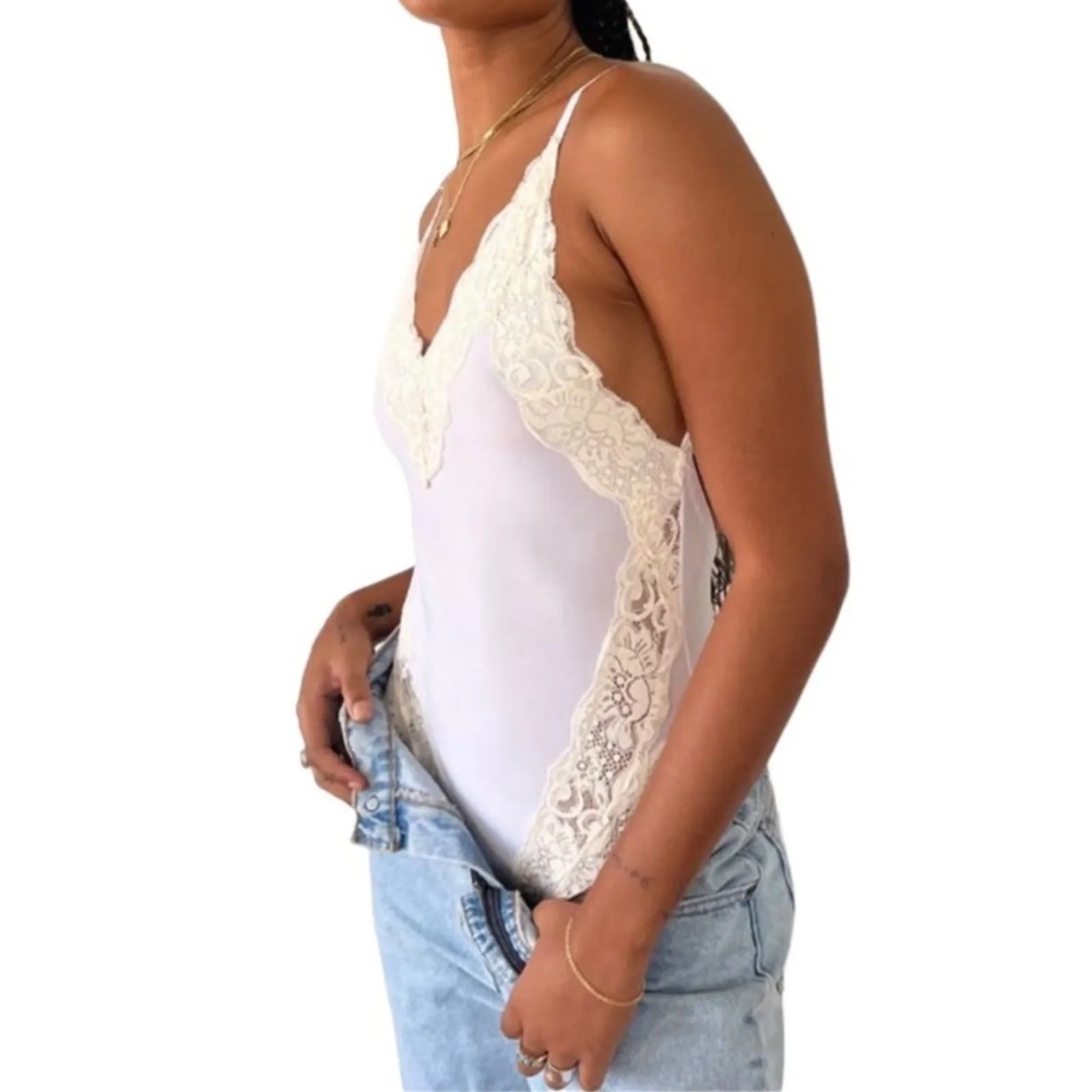 FREE PEOPLE x HAH Bodysuit S Backless Lace Formfiting Retro Feminine Cottage NWT White - Image 4