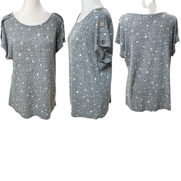 Blue & White Star Print Knit Short Sleeve Sweater Size L - Image 2