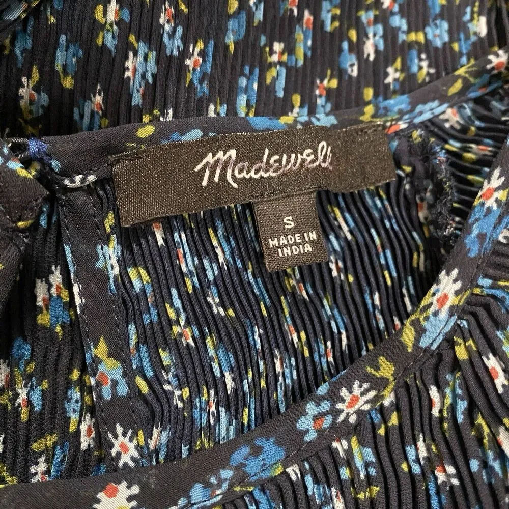 MADEWELL Women Small Crinkle Deep Blue Floral Georgette Mini Dress Cottagecore - Image 13