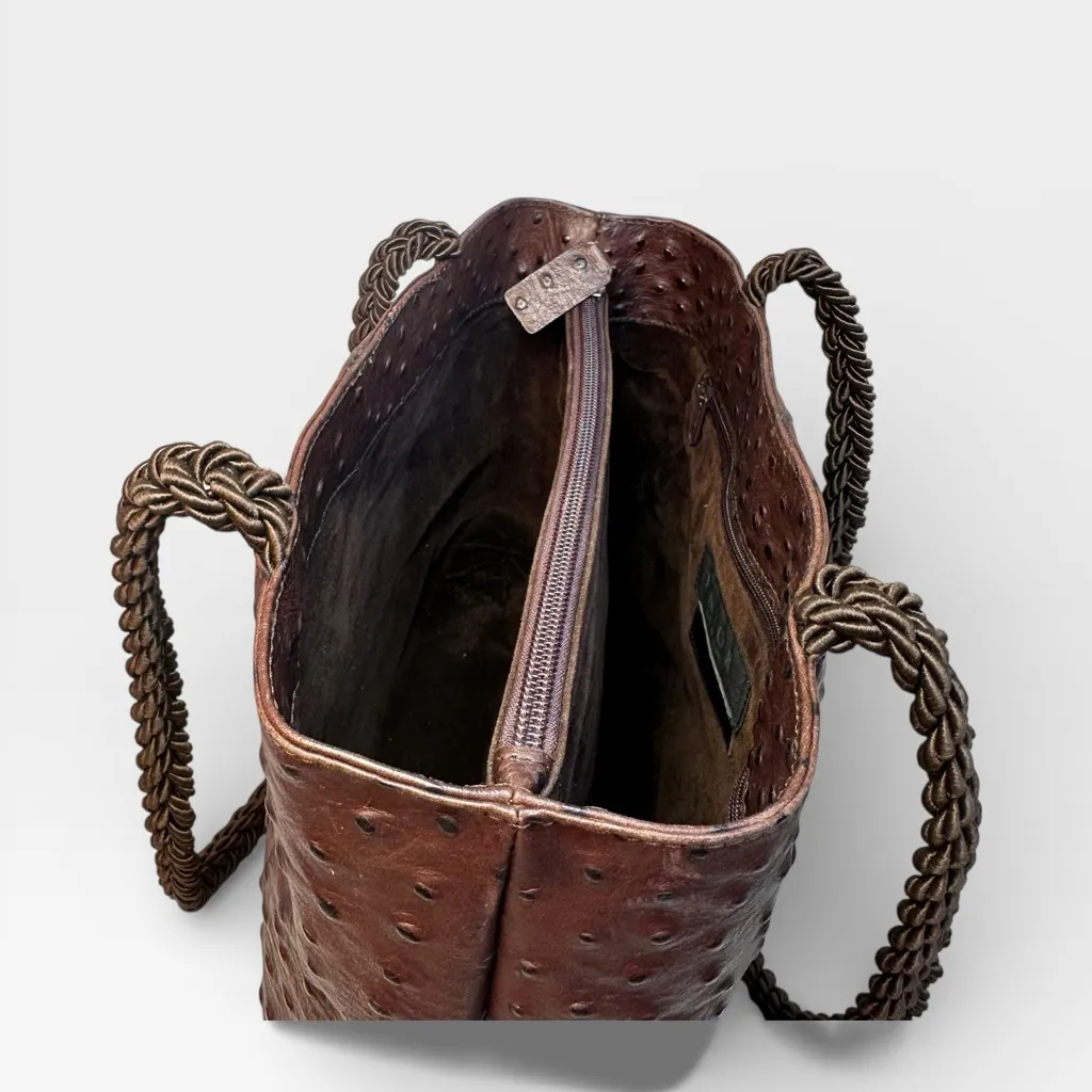 Falor Le Borse Genuine Leather Ostrich Brown Bag Braided Strap Made in Italy - Image 7